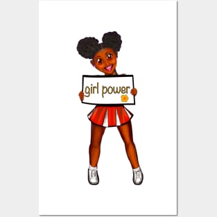 Girl power black anime girl cheerleader with Afro hair in puffs, dimples, brown eyes and dark brown skin side profile. Hair love ! Posters and Art